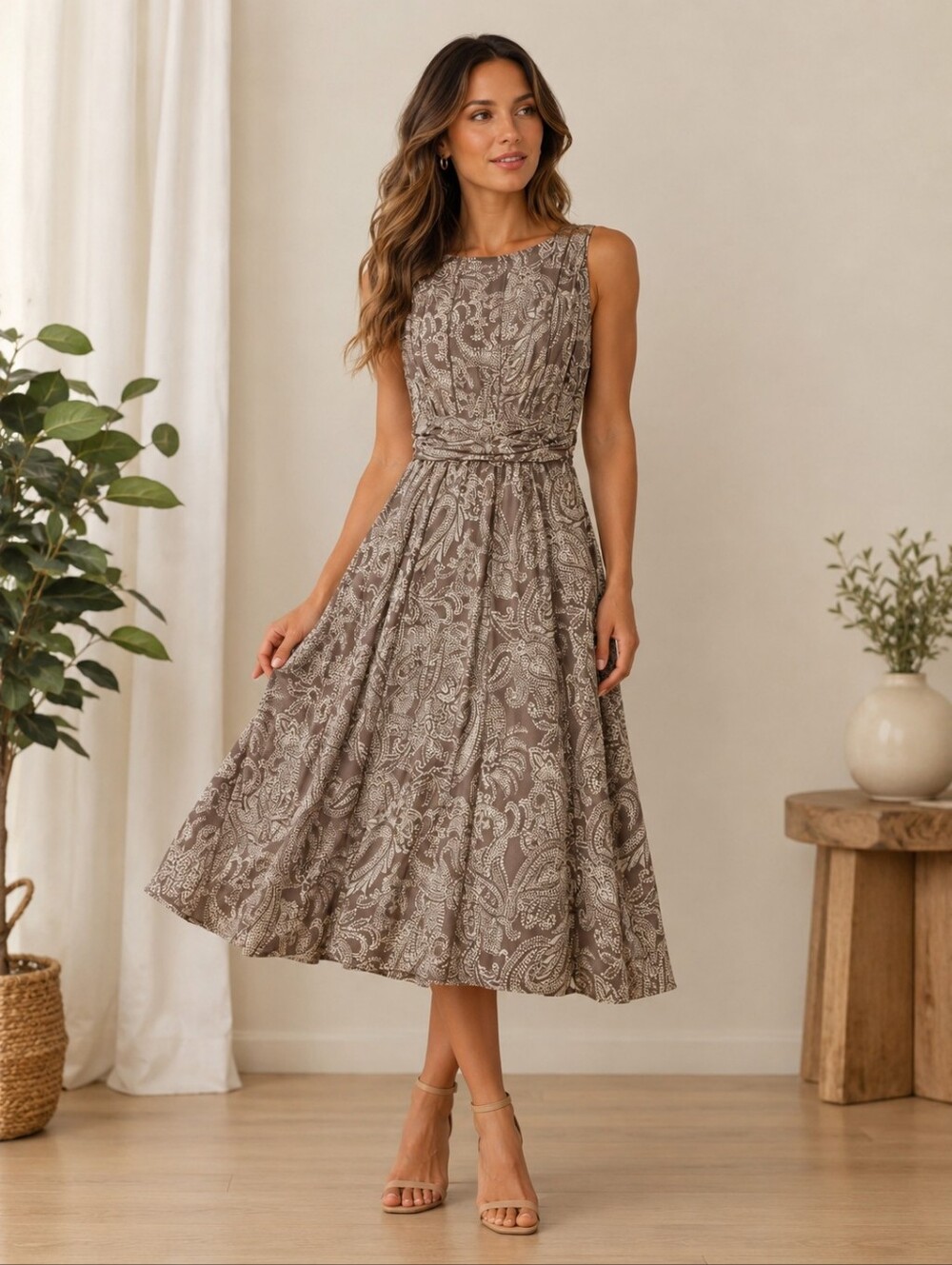 Paisley Print Taupe & Cream Midi Dress, Perceptions New York, M, Like New